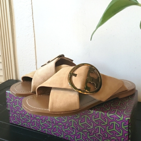 🌱 Tory Burch Grant Suede Sandal Buckle Slide in Neutral Sz 6 - Picture 3 of 10